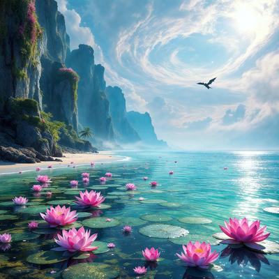 The primary subject of the image is a beautiful water lily floating on the water. The setting is a serene lake with a mountainous background, creating a picturesque scene. The visual style is a combination of photo and digital art, resulting in a stunning and realistic representation of the water lily. The colors and mood of the image are predominantly pink and calming, evoking a sense of tranquility and natural beauty.